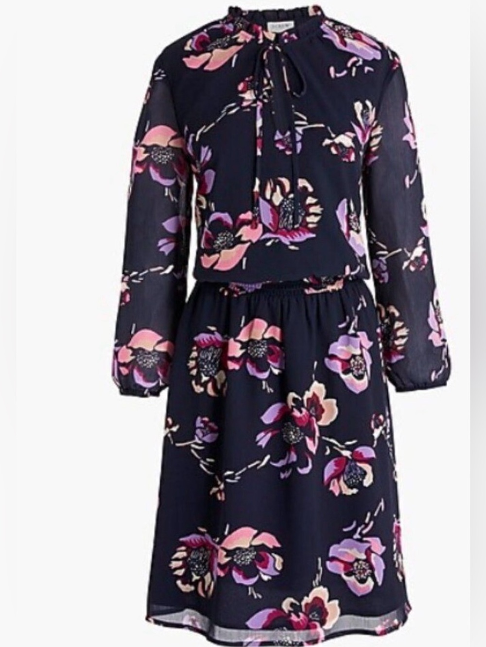 J. Crew Factory Navy Floral Long-Sleeve Tie-Neck Dress - Pink & Purple (Size S)